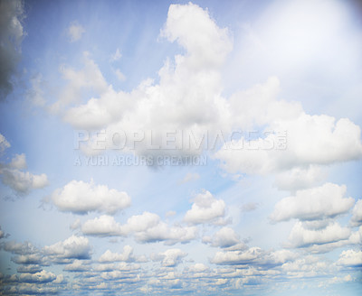 Buy stock photo Blue sky, clouds and nature, light and landscape with sun, environment and elements. Atmosphere, texture and Earth with day time, cloudy weather and outdoor with heaven, peace and background