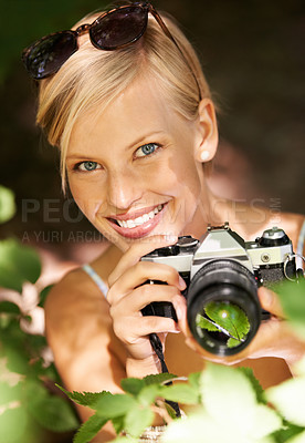 Buy stock photo Portrait, photographer and nature with woman in forest for trees, environment and relax. Shooting, camera lens and photography with face of female person in woods for travel, torusim and summer