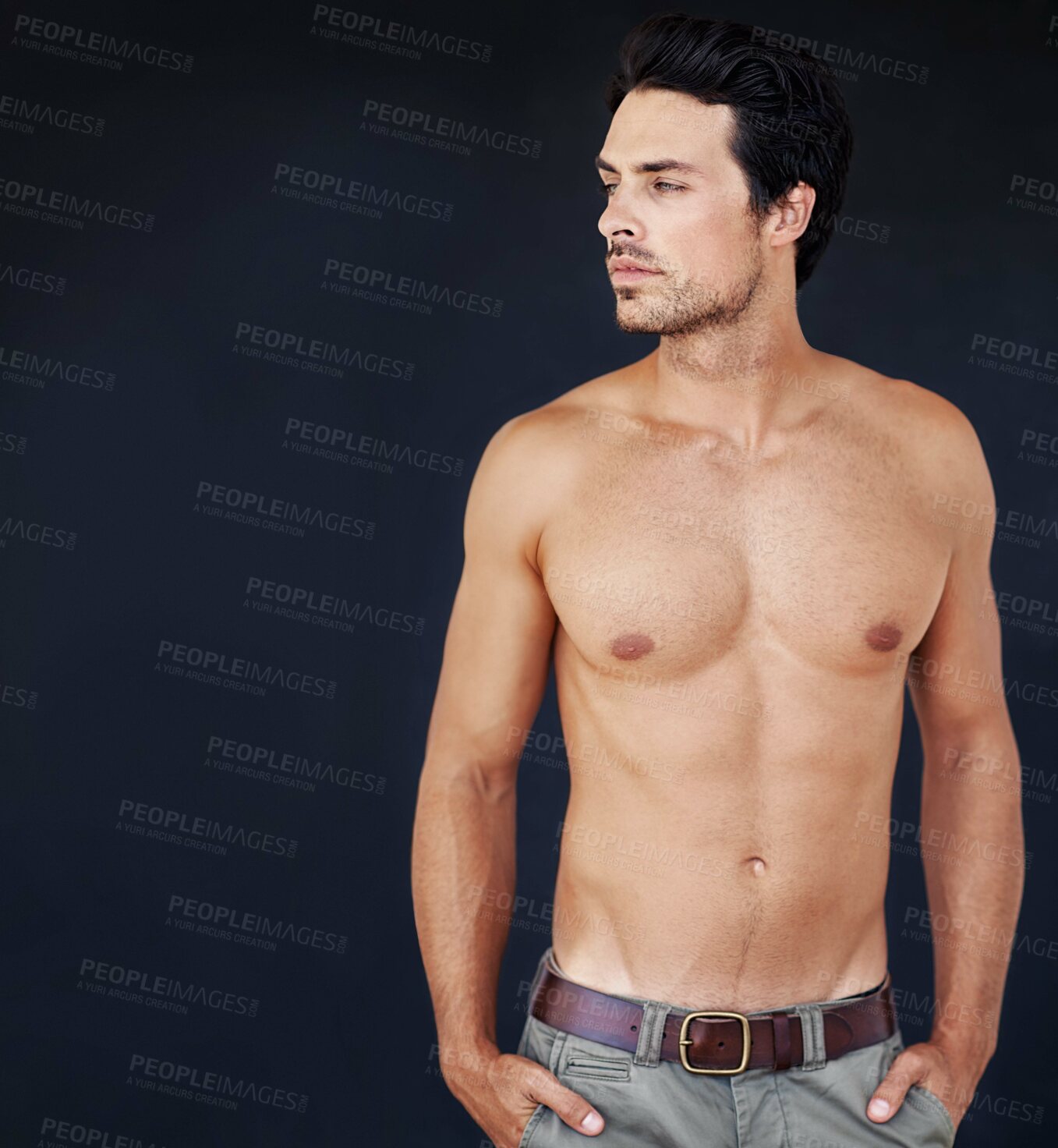 Buy stock photo Thinking, mockup and shirtless with a sexy man in studio on a dark background for masculine desire. Idea, tattoo and aesthetic with a handsome young male model posing topless for manly sensuality