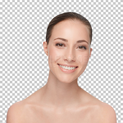 Buy stock photo Woman, skincare and smile portrait for dermatology treatment or smile, wellness or isolated transparent png background. Female person, happy or healthy facial routine mockup, natural beauty or clean