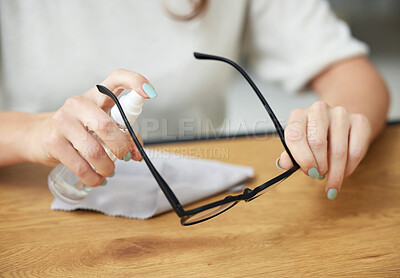 Buy stock photo Woman, hands and clean glasses for wipe seeing health, microfiber cloth for lenses. Female person, dirt frame and spectacles for bacteria and clear vision with tissue for reading, safety for eyes