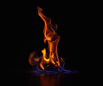 Gas flame, heat and fire with black background with sparks, smoke and light from burning in studio. Fuel, flare and glow from thermal power and art in the dark with creativity and inferno with burn