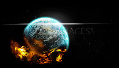 Buy stock photo Space, planet earth on fire and global warming for world crisis, environmental problem and universe. Science, atmosphere and pollution with toxins, aerospace and astronomy for climate change