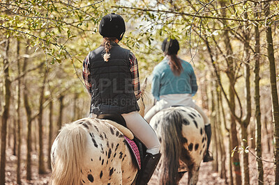 Back, woods and women with horses, nature and riding with fun activity, hobby and travelling with training. People, friends or trainers with animals, vacation and practice in a forest, break or relax