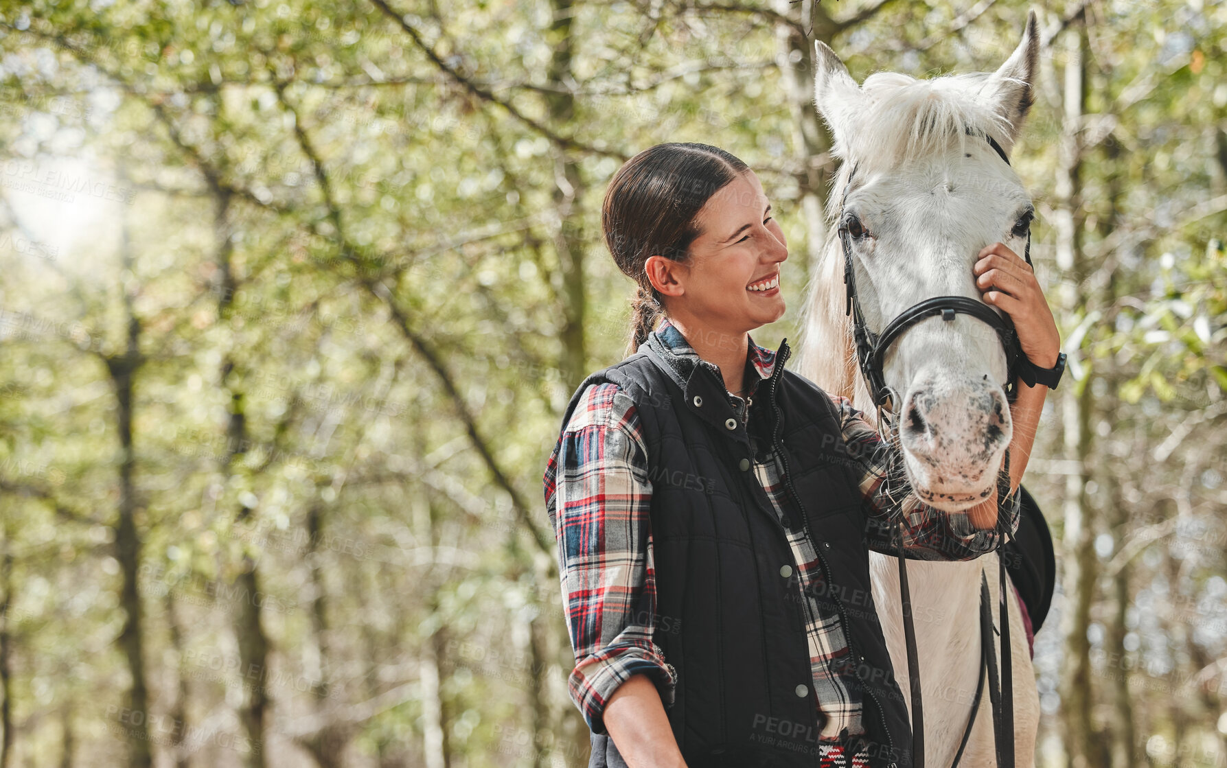 Buy stock photo Happy woman with horse standing in forest, nature and love for animals, pets or dressage with trees in mockup space. Equestrian sport, jockey or rider in woods for adventure, pride and smile on face.