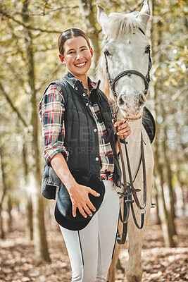 Portrait of happy woman with horse standing in woods, nature and love for animals, pets or dressage with trees. Equestrian sport, jockey or rider in forest for adventure, pride and smile on face.