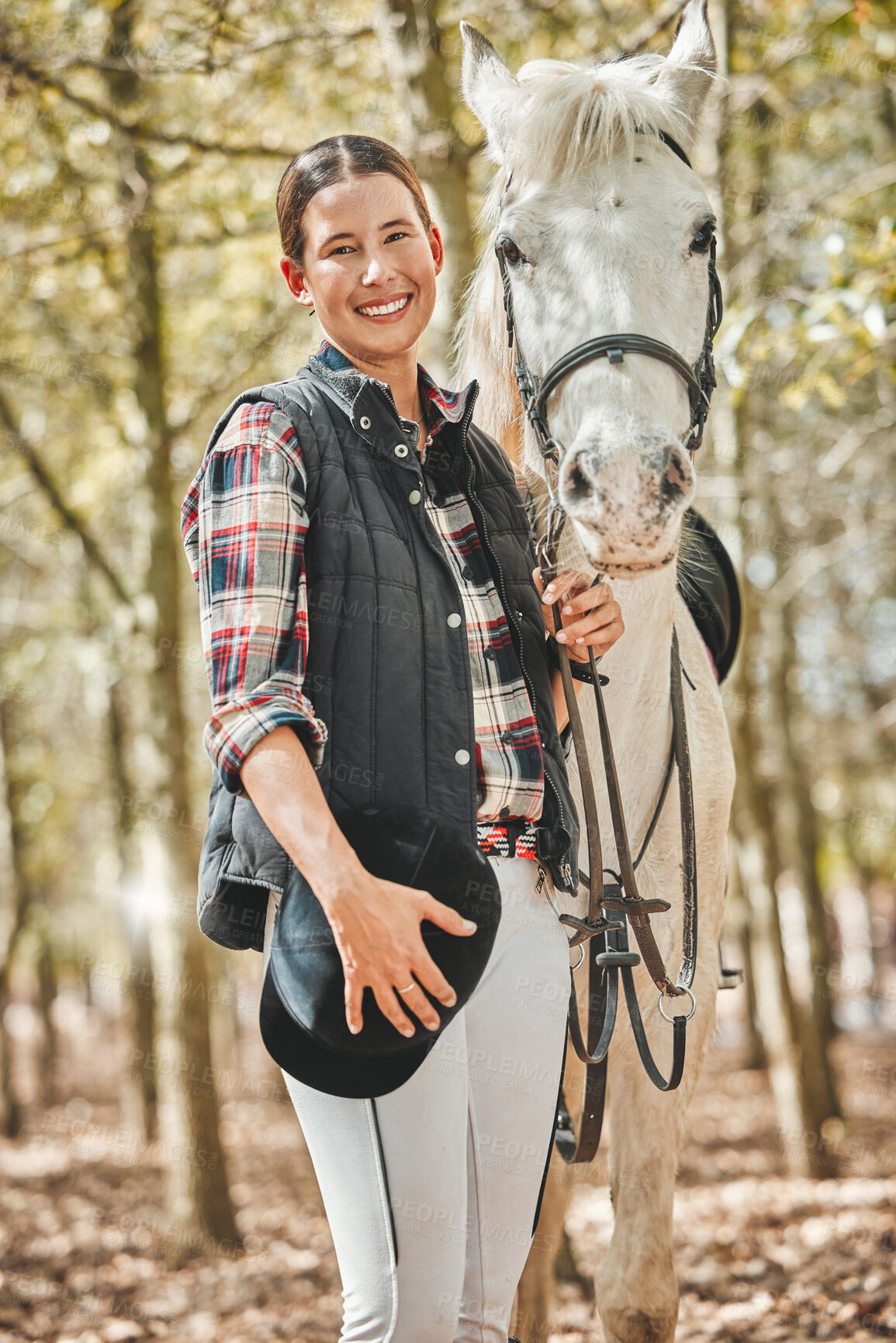 Buy stock photo Portrait of happy woman with horse standing in woods, nature and love for animals, pets or dressage with trees. Equestrian sport, jockey or rider in forest for adventure, pride and smile on face.