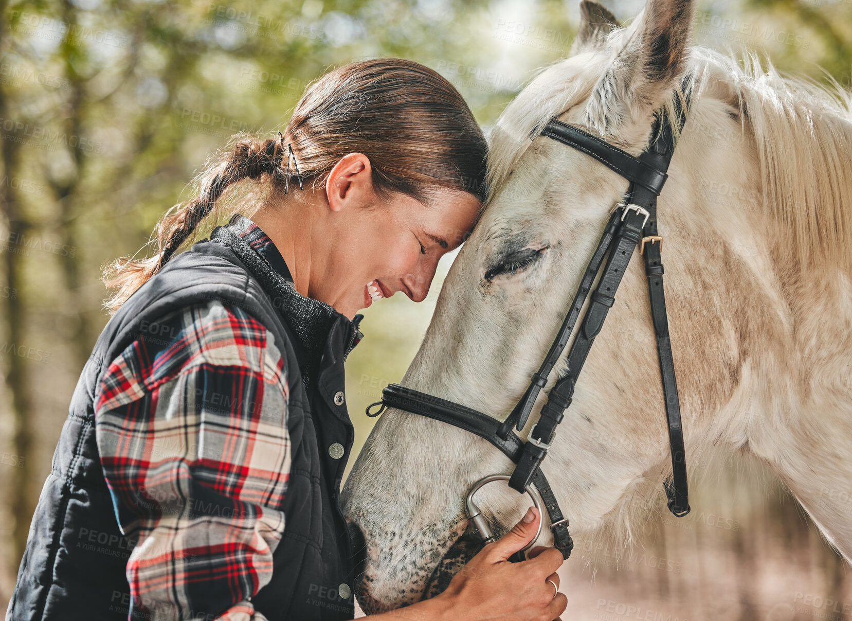 Buy stock photo Happy woman with horse in forest, embrace in nature and love for animals, pets or dressage with trees. Equestrian sport, girl jockey or rider standing in woods for adventure, hug and smile on face.