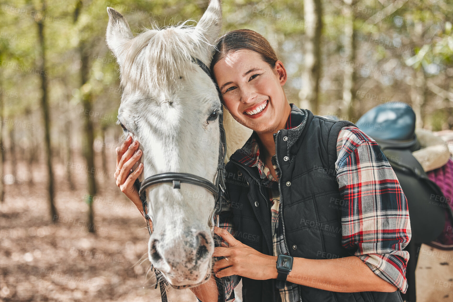 Buy stock photo Portrait of happy woman with horse standing in trees, embrace and love for animals, pets or dressage in forest. Equestrian sport, girl jockey or rider in woods for adventure, pride and smile on face.