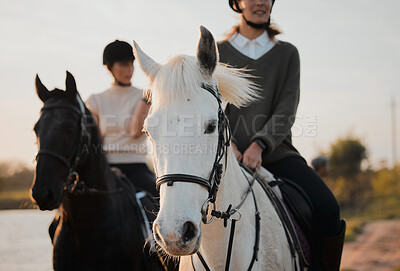 Buy stock photo Horse ride, freedom and hobby with friends in nature on horseback by the lake during a summer morning. Countryside, equestrian and female people riding outdoor together for travel, fun or adventure