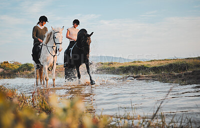Horse riding, friends and girls at lake in countryside with outdoor mockup space. Equestrian, happy women and animals in water, nature and adventure to travel, journey and summer vacation together.