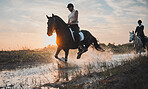 Adventure, horse riding and sunset with water or girl for travel in summer or weekend in field. Female rider, vacation and animal in river is happy with equestrian or stallion with sunshine, nature.