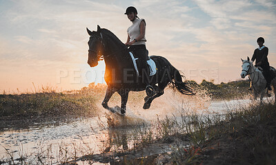 Adventure, horse riding and sunset with water or girl for travel in summer or weekend in field. Female rider, vacation and animal in river is happy with equestrian or stallion with sunshine, nature.