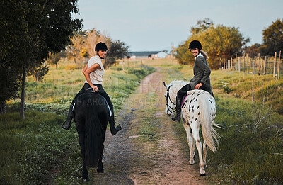 Horse riding, friends and portrait of women in countryside outdoor for freedom. Equestrian, happy girls and animals in field, nature and adventure to travel, journey and vacation in summer together.