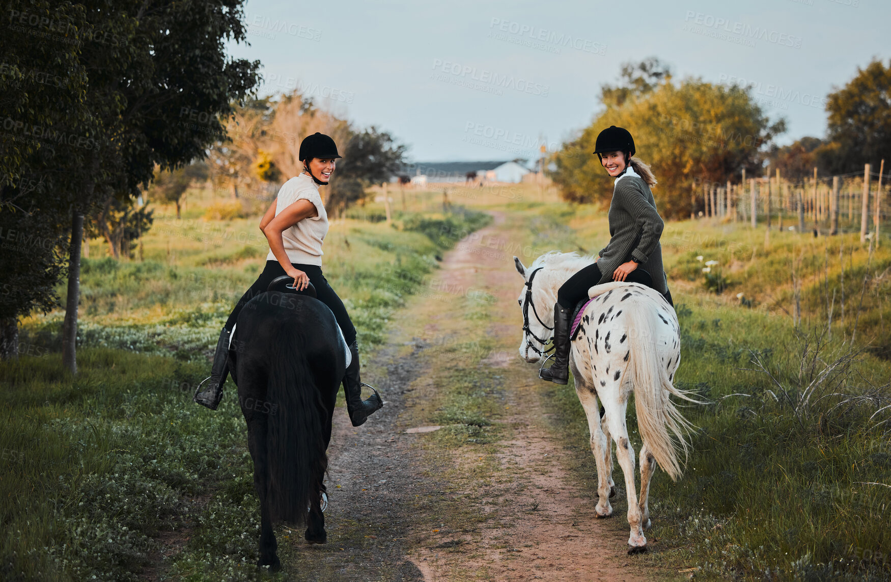 Buy stock photo Horse riding, friends and portrait of women in countryside outdoor for freedom. Equestrian, happy girls and animals in field, nature and adventure to travel, journey and vacation in summer together.