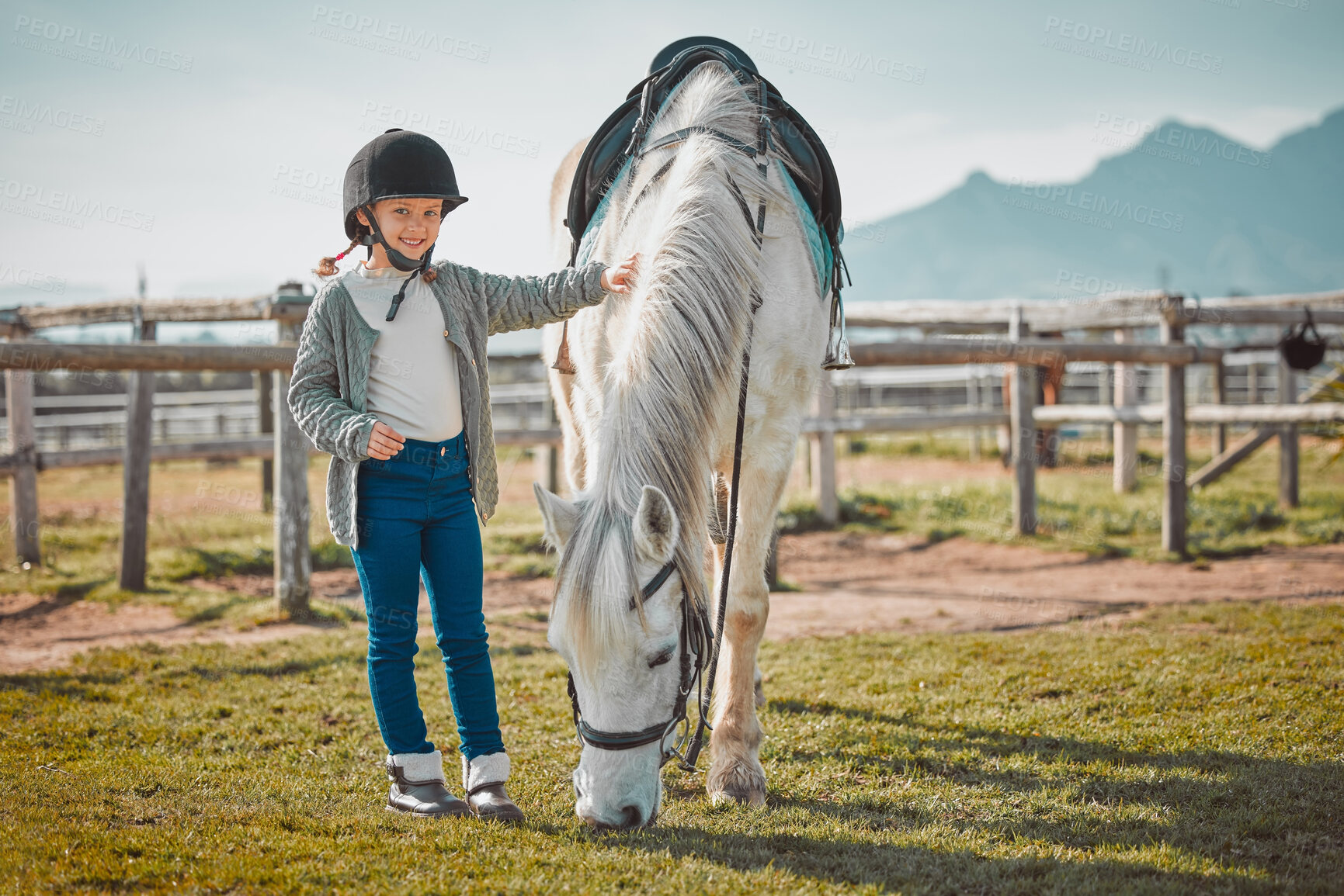 Buy stock photo Smile, portrait and horse with of girl on countryside for riding, equestrian and affectionate. Pet, pasture and stallion with child jockey and animal on nature ranch for relax, travel or weekend