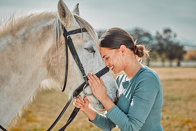 Happy, horse and hug with woman in countryside for adventure, race and embrace. Relax, smile and equestrian with girl jockey and pet and affection on ranch for travel, therapy and animal care