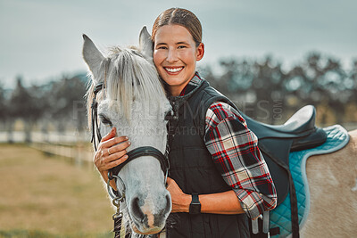Happy, horse and smile with portrait of woman in countryside for adventure, race and embrace. Relax, care and equestrian with girl jockey and pet and affection on ranch for travel, therapy or animal