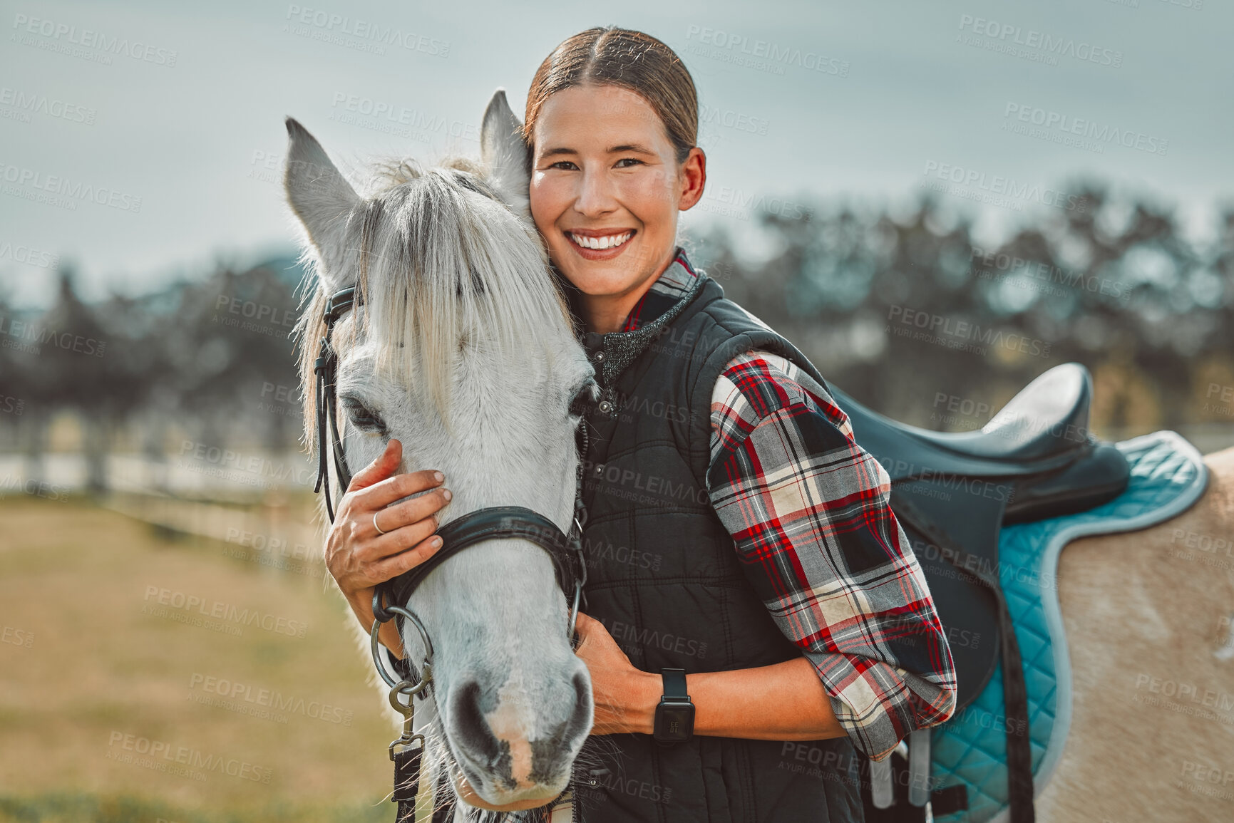 Buy stock photo Happy, horse and smile with portrait of woman in countryside for adventure, race and embrace. Relax, care and equestrian with girl jockey and pet and affection on ranch for travel, therapy or animal