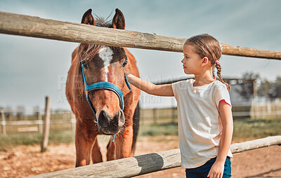 Girl child, touch horse and outdoor with care, love and holiday at farm, countryside or zoo in summer. Young kid, pet and animal with kindness, friendly and freedom for learning in morning sunshine