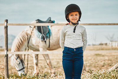 Happy, ranch and portrait of a girl with a horse on a farm before riding lessons in the countryside. Nature, happiness and child standing by a animal or pet in natural outdoor environment on weekend.