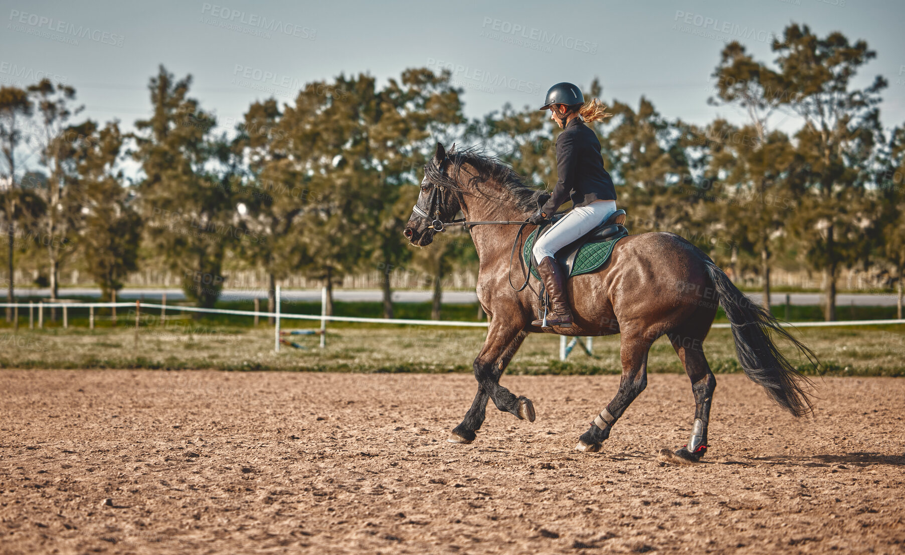 Buy stock photo Woman, equestrian training and horse ride with mockup in nature on countryside grass field. Animal, young jockey and farm of a rider and athlete with mock up outdoor doing saddle sports with horses