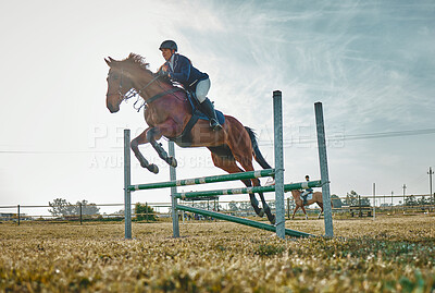 Buy stock photo Training, competition and woman on a horse for sports, an event or show on a field in Norway. Jump, action and girl doing a horseback riding course during a jockey race, hobby or sport in nature