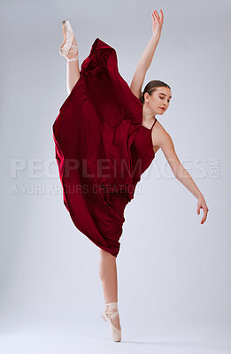 Buy stock photo Ballet, talent and woman in studio for training, creative routine and ready for performance, show or artist with movement on grey studio background. Dancer, ballerina or female performer with balance