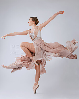 Buy stock photo Woman dancing, ballet and studio background with balance, art movement and beauty for training. Professional dancer, performance and finesse in class with strong body, wellness and focus for concert