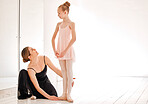 Ballet class, learning dance and teacher with child student in studio for dancing, art and coaching. Girl with woman ballerina coach or dancer to learn balance and academy performance for mockup