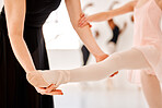 Closeup, ballet and coach with girl, support and training for flexibility, motivation and performance in classroom. Zoom, female ballerina and dancer with trainer, mentor and routine for development