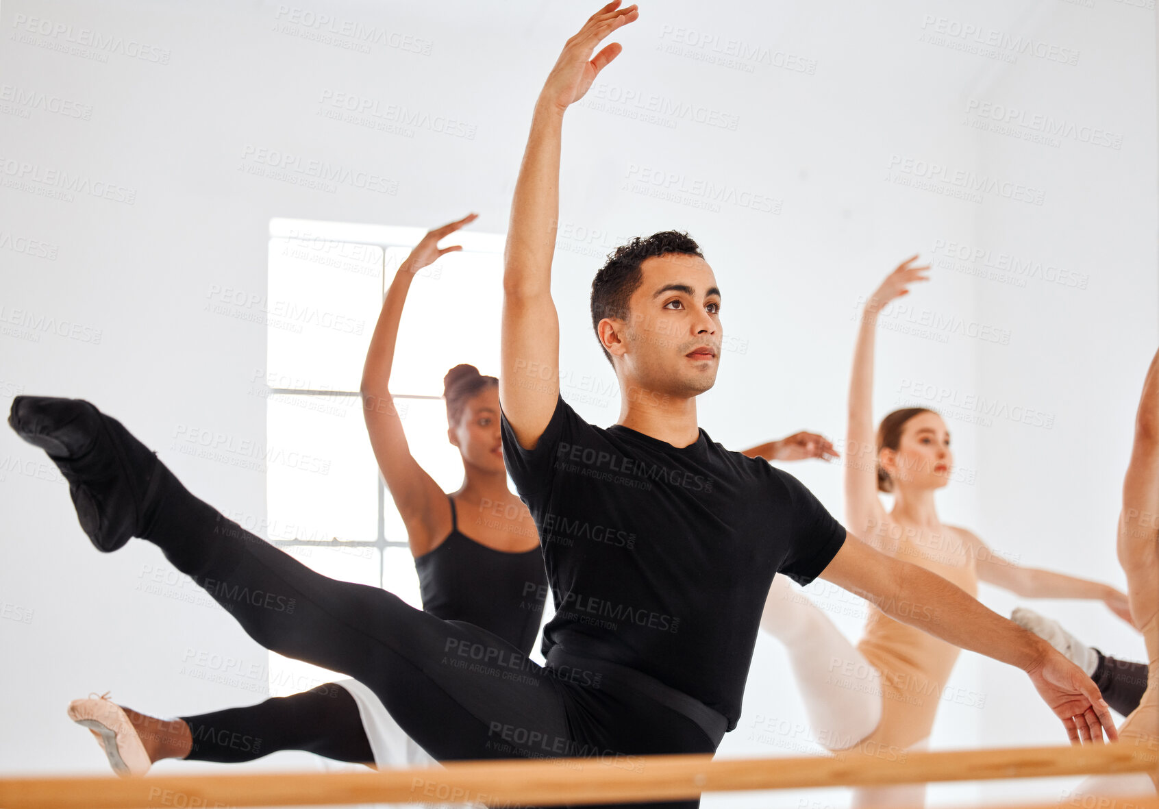 Buy stock photo Ballet, mirror and group stretching for dance, fitness or theater rehearsal at studio, flexible and artistic. Creative, stretch and people with stage, performance and beauty or art preparation