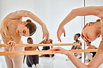 Ballet, mirror and woman stretching for dance, fitness or theater rehearsal at studio, flexible and artistic. Creative, stretch and girl ballerina with stage,performance and beauty or art preparation