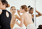 Women, mirror and makeup for ballet performance, competition and theatre or ballroom. Female person, mascara and cosmetics for beauty, artist and ready for dance, concert and class at art academy