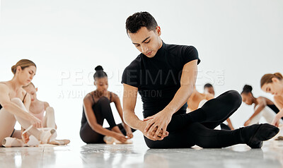 Buy stock photo Ballet, creative and man dancer training for show, performance or concert at dance school. Art, elegant and classy young male ballerina stretch and practicing with skill for theater in studio.