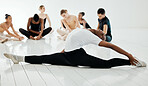 Ballet, leg split and stretch for practice, class and training in studio, fitness and exercising. Black male person, dancer and strong or flexible, performance and graceful or balance technique