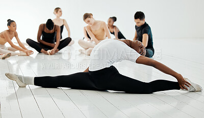 Buy stock photo Ballet, leg split and stretch for practice, class and training in studio, fitness and exercising. Black male person, dancer and strong or flexible, performance and graceful or balance technique