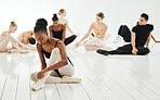 Ballet, creative and young woman dancer training for show, performance or concert at dance school. Art, elegant and classy African female ballerina stretch and practicing for theater in studio.