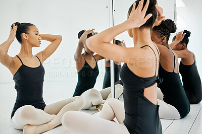 Buy stock photo Women, mirror and hair of ballerina, reflection and ready for performance, prepare for competition. People, dancer and artist of ballet, haircare and beauty or wellness, friends and group in class