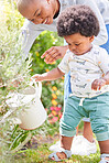 Mother, watering and child on plant with black family, love and support together with baby in garden. Lawn, green gardening and mom with happy kid, mama and backyard with youth and relax in nature