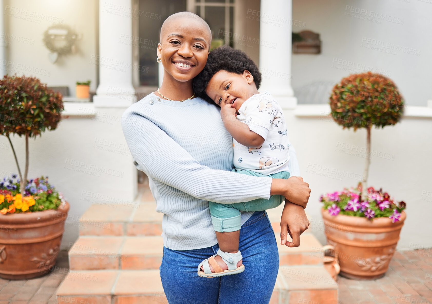 Buy stock photo Mom, outdoor with child and front door of home, real estate and portrait with baby, smile and happy for house. Childhood, joy and family with pride, positive and love for kid, protection and care