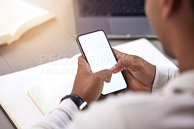 Buy stock photo Business, typing and man with a cellphone, screen and mockup space with internet, social media and employee. Person, accountant or consultant with a smartphone, digital app and connection with agent