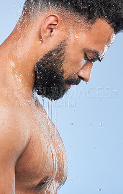 Buy stock photo Shower, cleaning profile and relax man with shampoo and calm from water, skincare and morning routine. Bathroom, cosmetics and male model in studio with blue background and dermatology for wellness