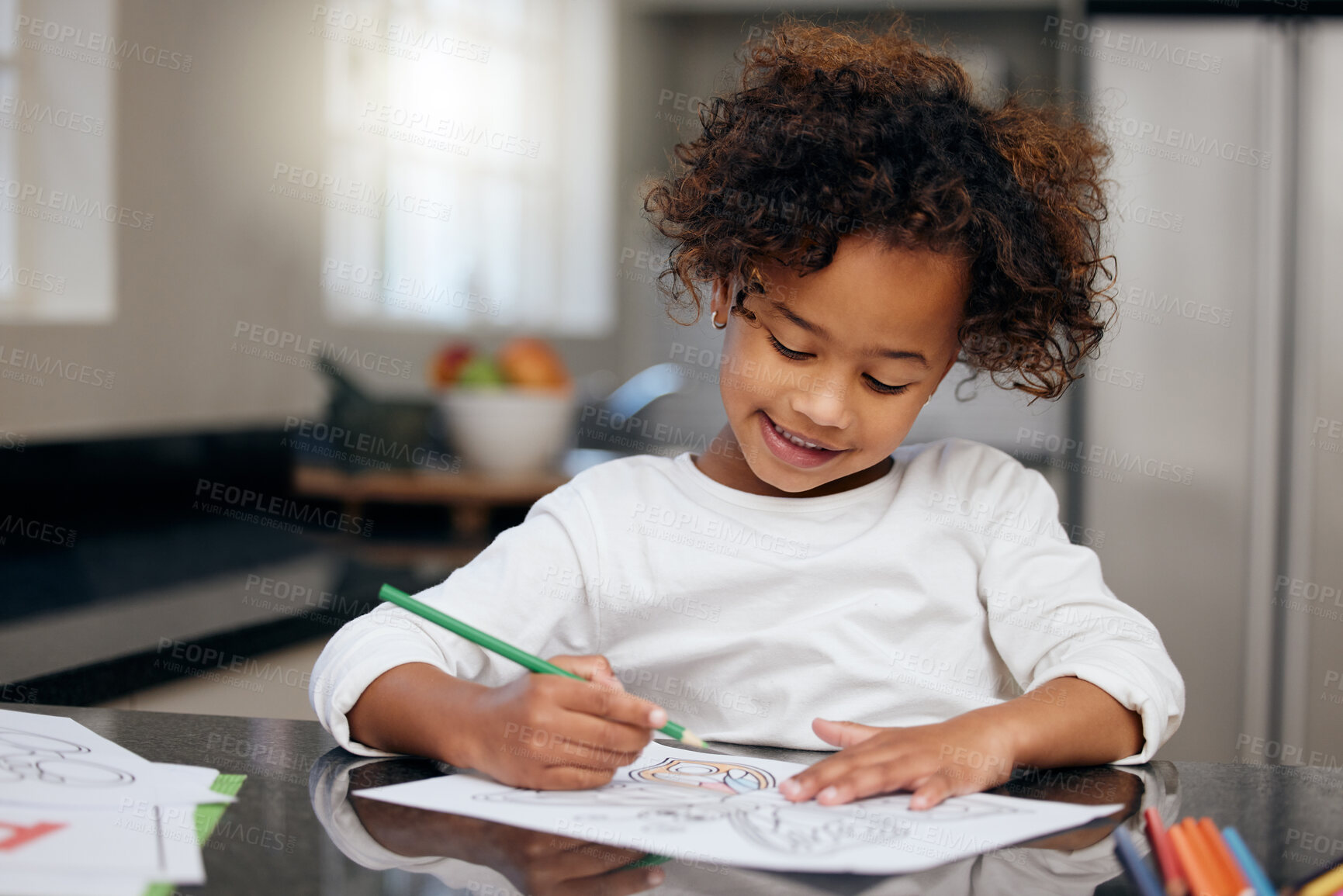 Buy stock photo Happy child, school learning and coloring in kitchen and knowledge in home. Pencil, young girl and development with creativity project and smile from student education and art with drawing at table