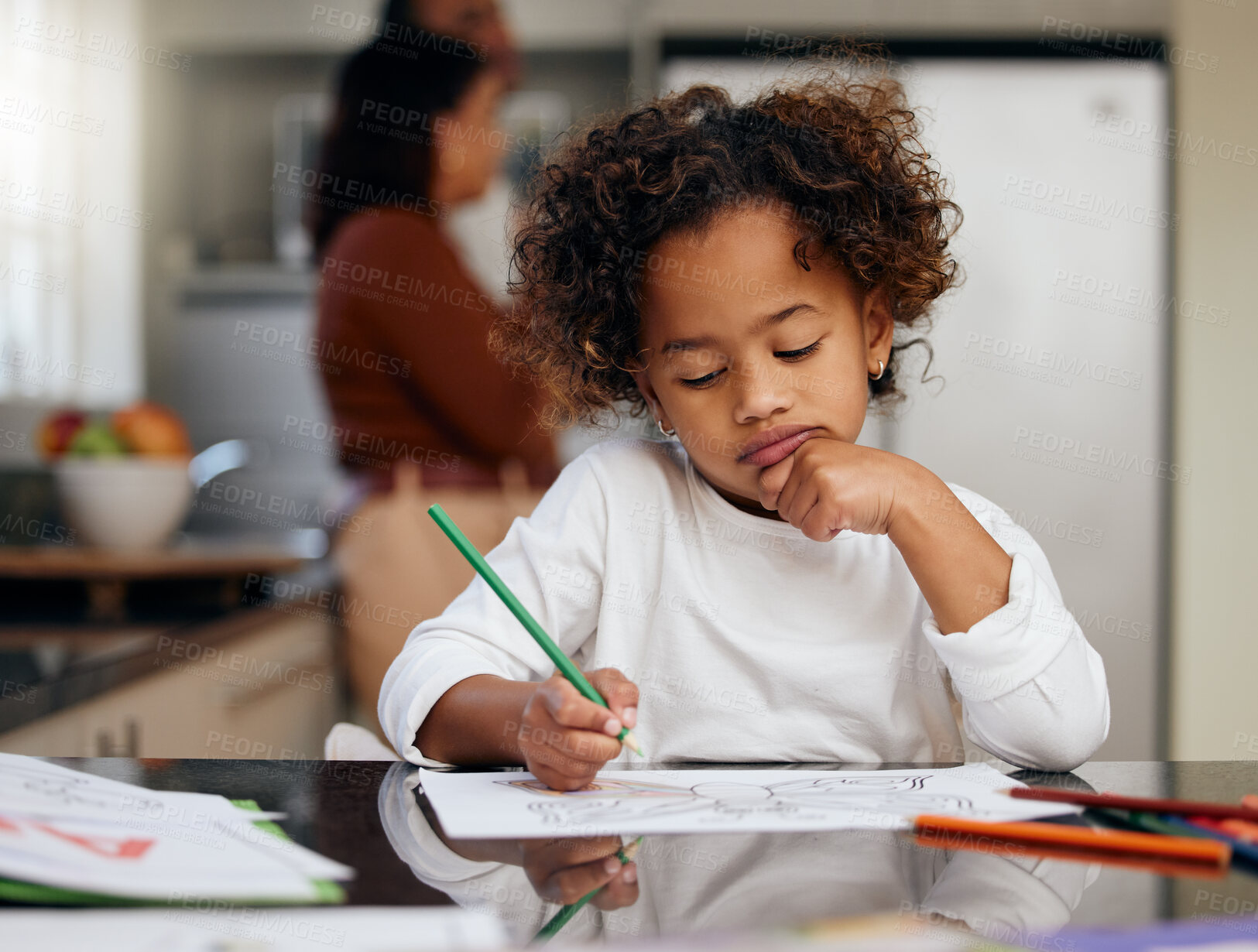 Buy stock photo Thinking child, school learning and coloring with development and knowledge in home. Study, young girl and kitchen with creativity and pencil from student education and art with drawing at table