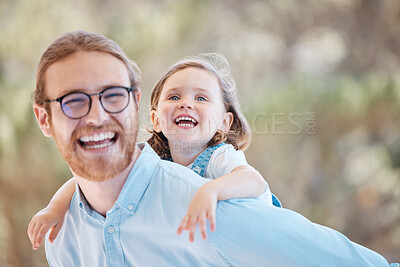 Buy stock photo Smile, playing and child with her father in nature at an outdoor garden with love and care for bonding. Happy, piggyback ride and girl kid having fun with young dad from Australia in a field or park.