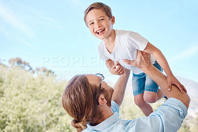Buy stock photo Outdoor, family and airplane with father, boy and portrait with happiness, bonding together and love. Dad carrying child, air and parent with a kid, park and nature with joy, summer and weekend break