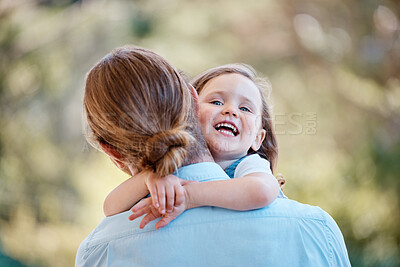 Buy stock photo Portrait, nature and kid hugging her father at an outdoor garden with love and care for bonding. Happy, smile and girl child embracing her young dad from Australia in a field, backyard or park.
