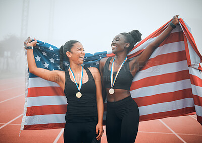 Buy stock photo Winner, American flag or track sports team celebrate winning award, global competition or USA cardio race. Champion runner, teamwork achievement or athlete celebration for running challenge success