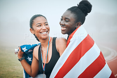 Buy stock photo Success celebration, American flag or track sports team, women or winner celebrate victory, competition or race contest. Champion runner, teamwork and athlete friends with running goals achievement